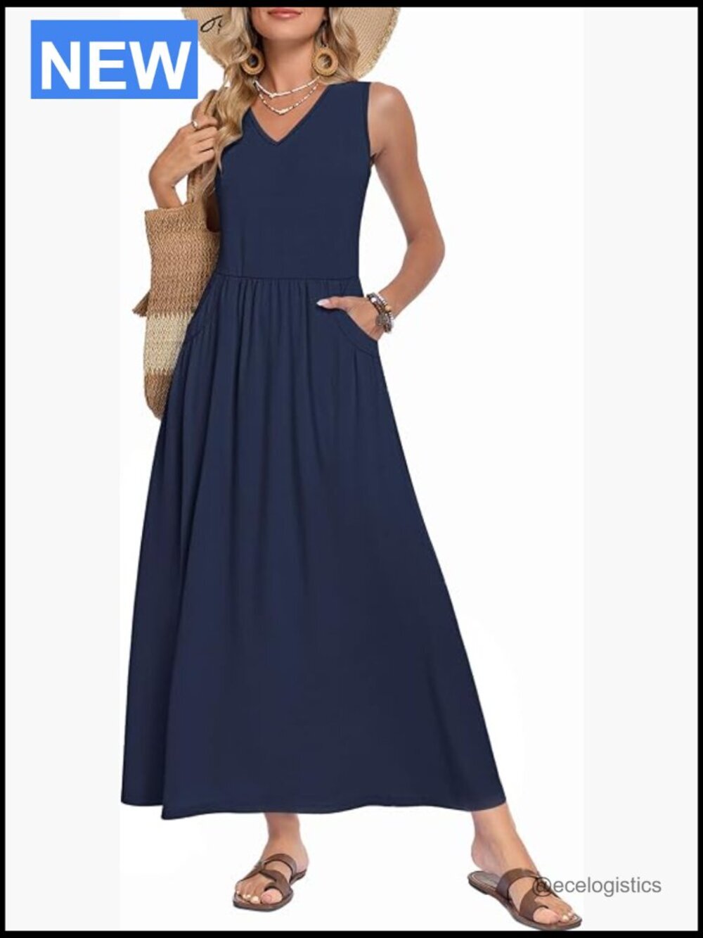 Sleeveless V-Neck Maxi Dress with Pockets Elastic Waist Flowy A-Line